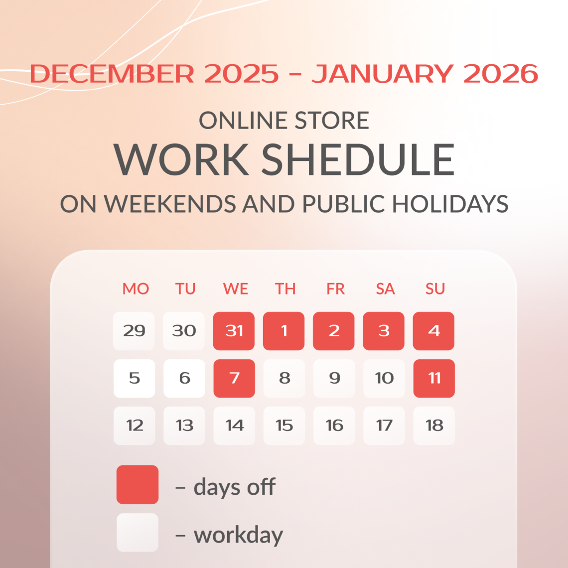 SOLO Sales Department working hours during the New Year holidays.