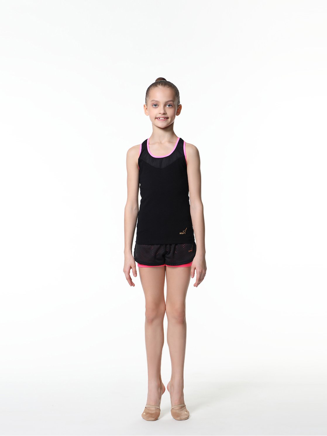 Майка-борцовка с кантами и вставками из сетки черный/розовый
