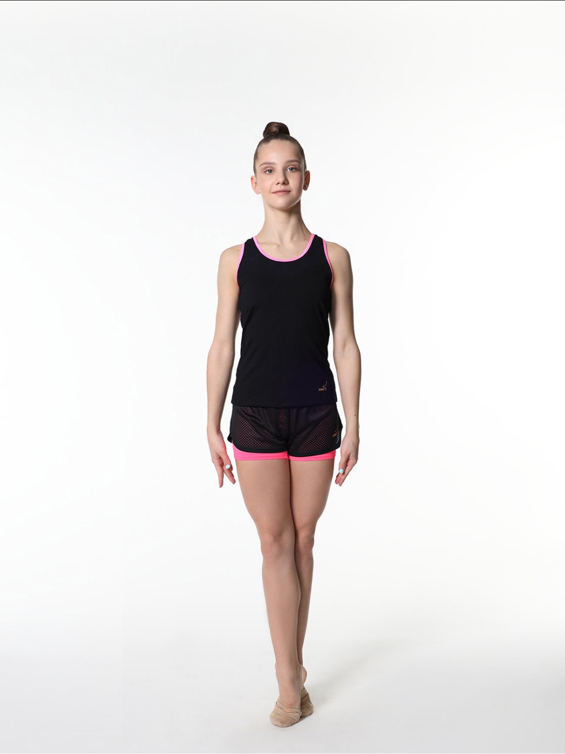 Майка-борцовка с кантами и вставками из сетки черный/розовый